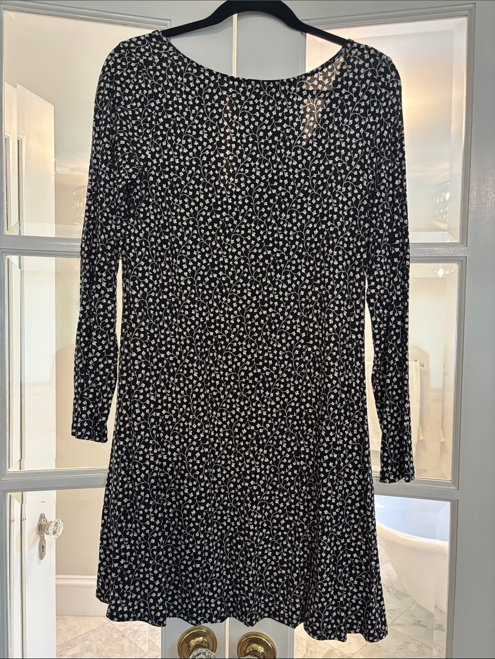 Black and White Floral Long Sleeve A-Line Dress with Scoop Back